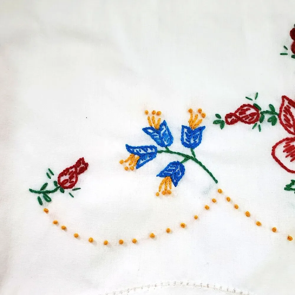 Vintage Hand Embroidered Floral Pillowcases White Cotton Pair 2 Cottagecore
